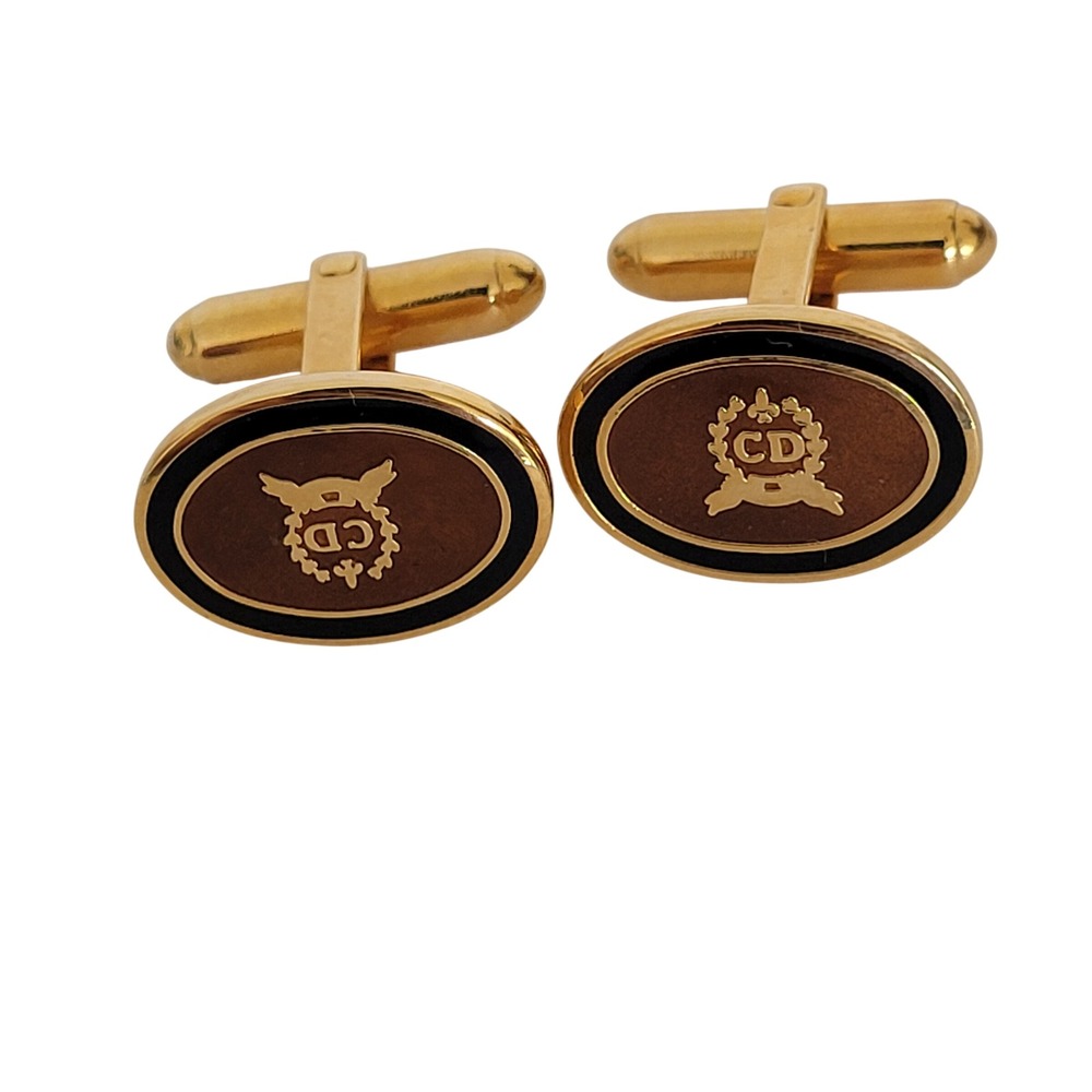 Christian Dior Vintage Cufflinks Gold Tone Brown CD Crest Logo Oval Mens